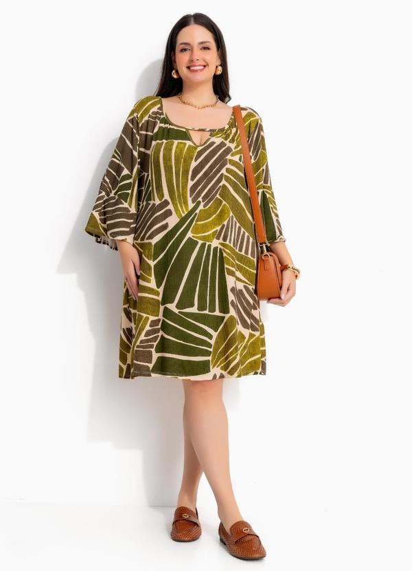 Vestido Curto Estilo Bata Folhagem Verde em Malha de Viscose