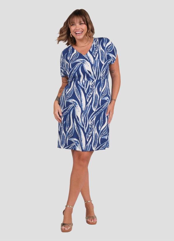 Vestido Curto Plus Size Viscose Estampada Azul