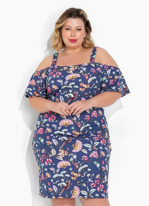 Vestido Floral Azul com Alças e Mangas Plus Size