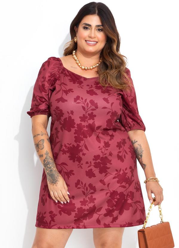 Vestido Floral Bordô em Jersey Acetinado