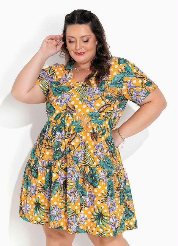 Vestido Floral e Poá com Franzidos Plus Size