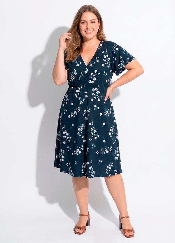 Vestido Floral Marinho em Malha de Poliéster