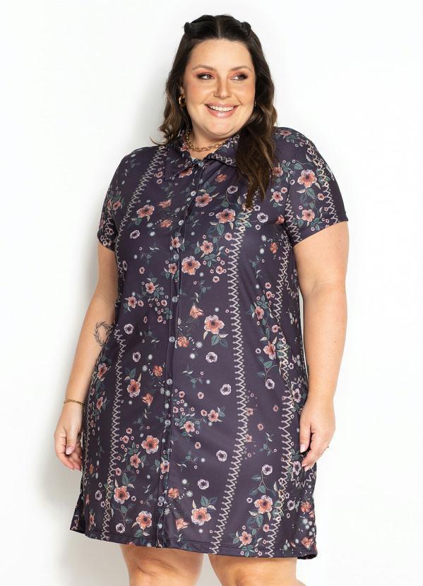 Vestido Floral Preto com Gola e Botões Plus Size