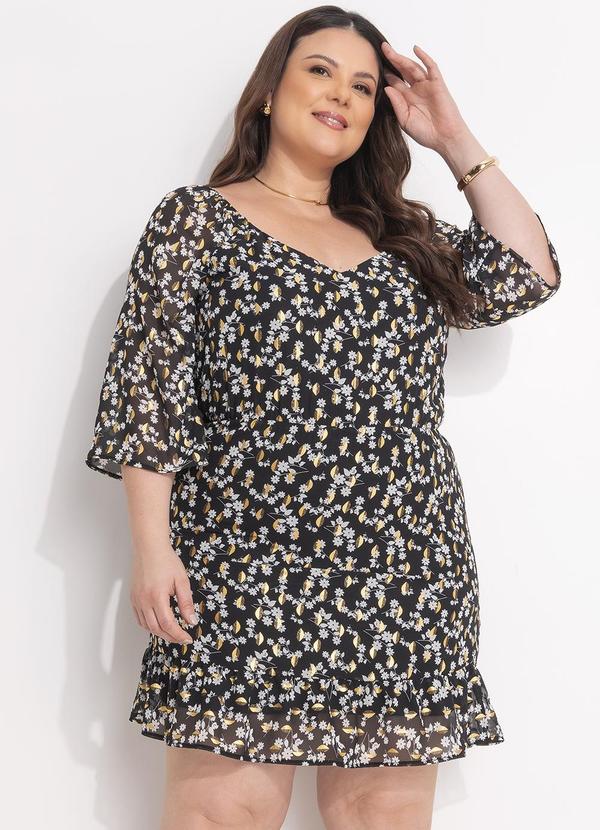 Vestido Floral Preto em Crepe Plano
