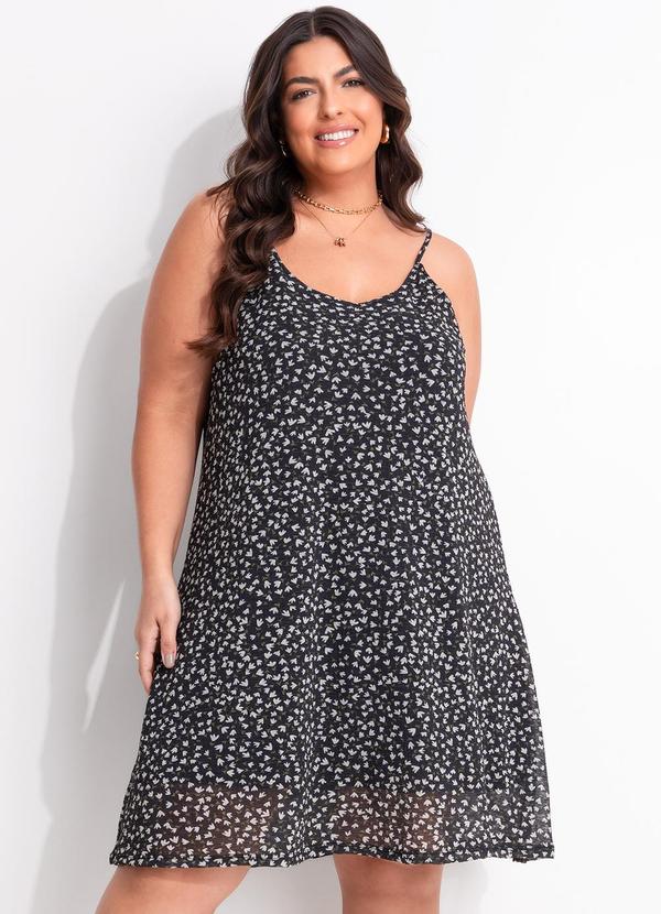 Vestido Floral Preto Liberty em Tule Plissado