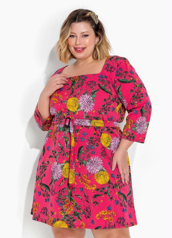 Vestido Floral Rosa com Faixa Grátis Plus Size