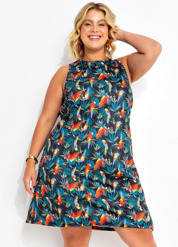 Vestido Folhagem Araras em Jersey Acetinado