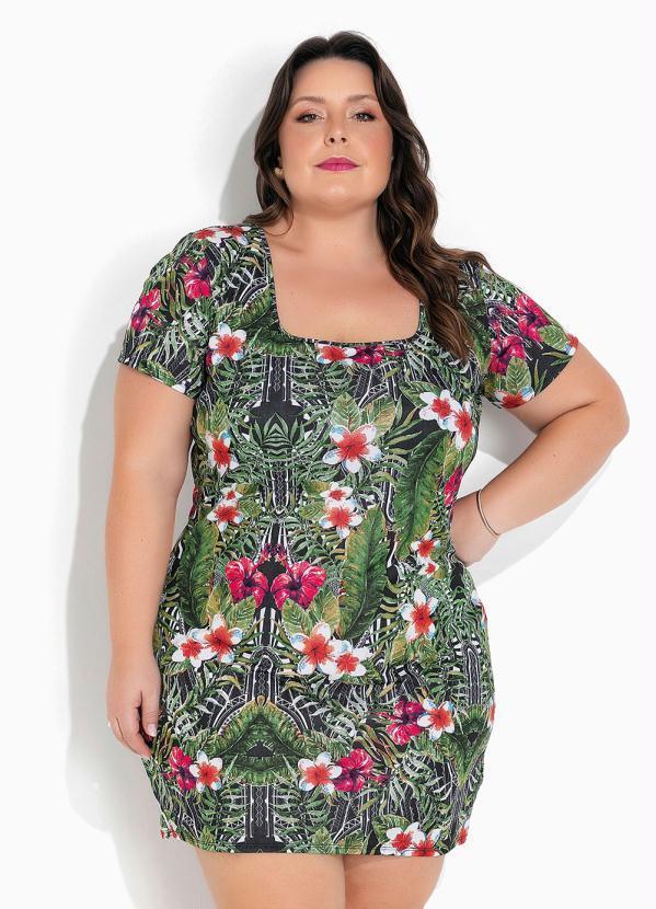 Vestido Folhas Verde Tubinho Plus Size