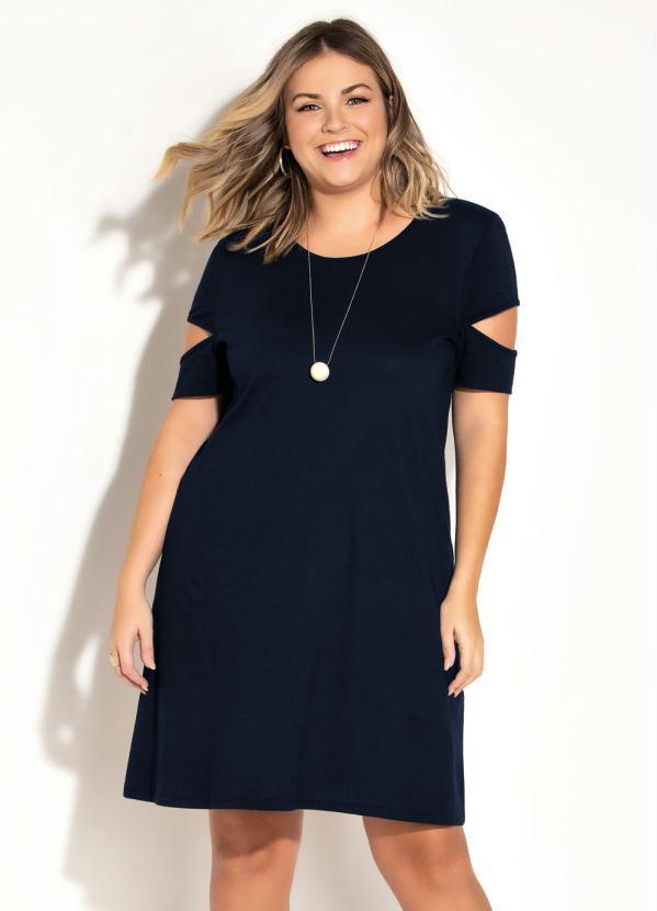 Vestido Marinho com Mangas Vazadas Plus Size