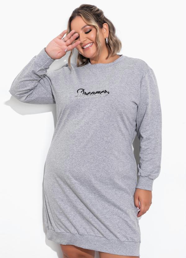 Vestido Mescla com Bordado e Paetê Plus Size