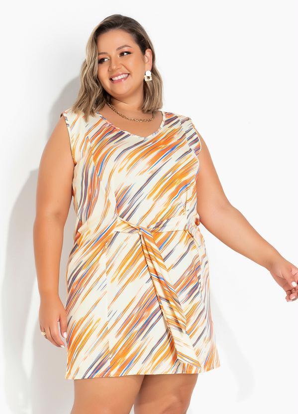 Vestido Rajado Amarelo com Amarração Plus Size