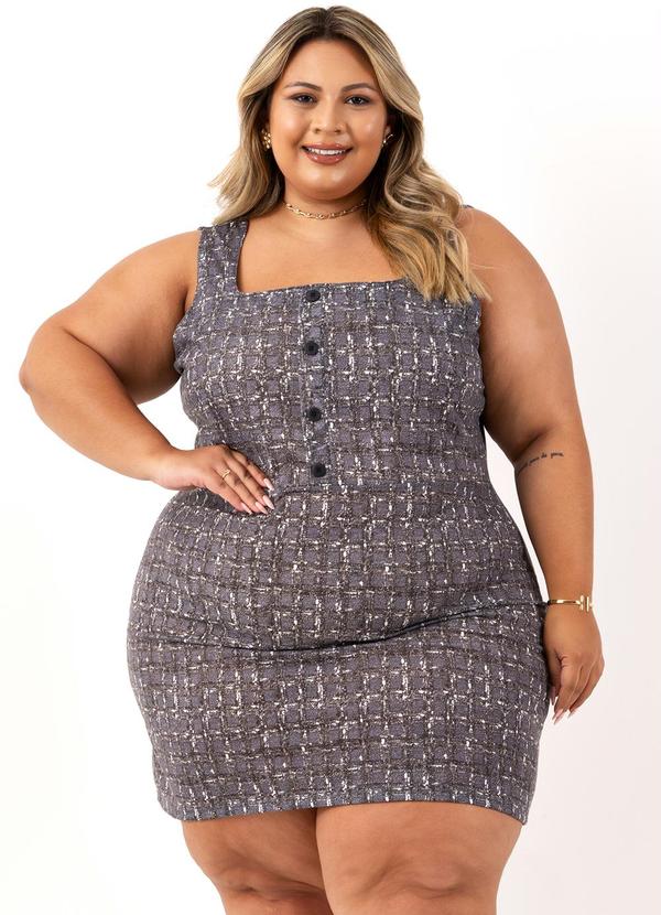 Vestido Xadrez Tweed Cinza em Malha