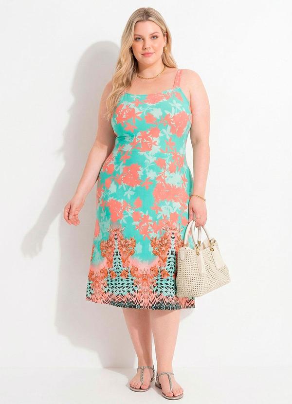 Vestido Floral Barrado em Malha de Viscose
