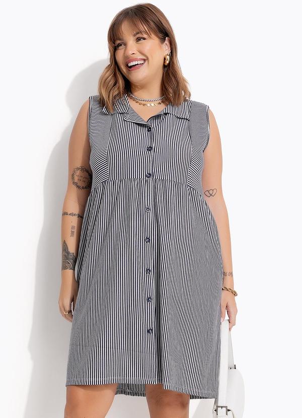 Vestido Azul Marinho em Meia Malha Listrada