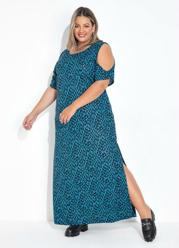 Vestido Animal Print Azul com Fendas Plus Size