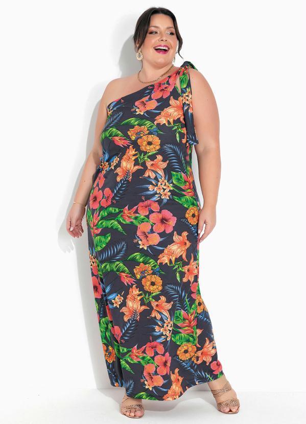 Vestido Assmétrico Floral Marinho Plus Size