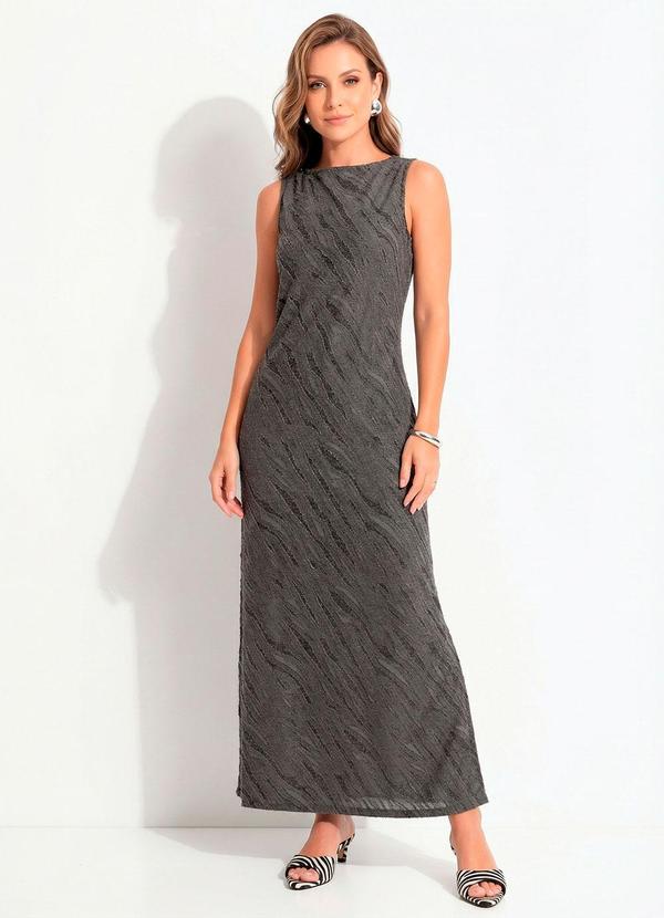 Vestido Coluna Cinza em Malha Jacquard Texturizada