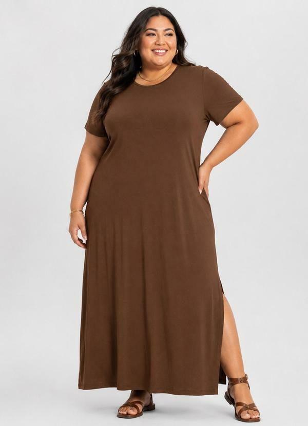 Vestido Feminino Midi Plus Size Marrom