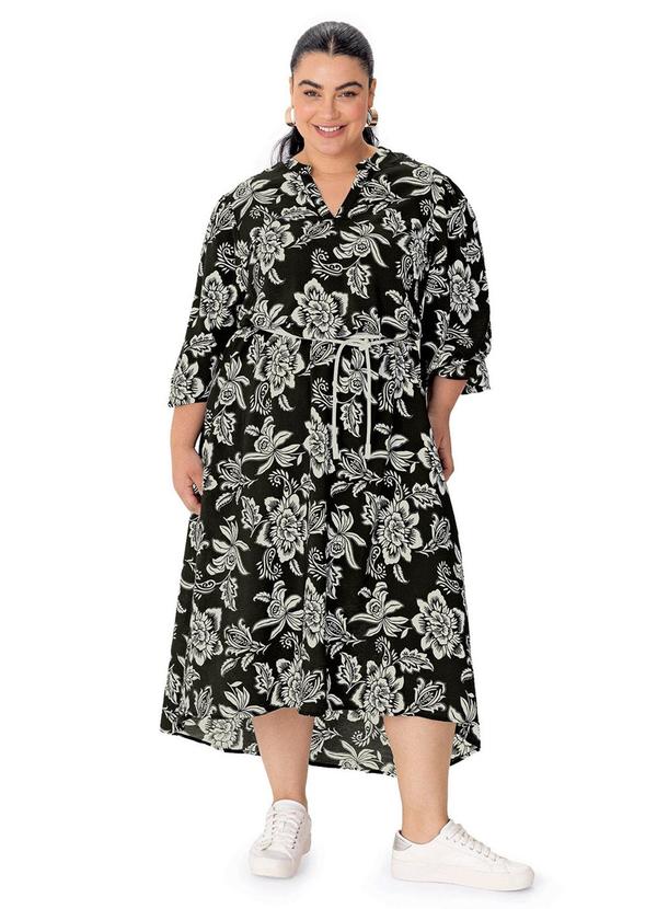 Vestido Floral Evasê Plus Preto