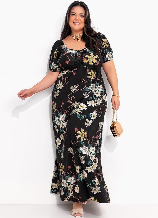 Vestido Floral Preto em Malha de Viscose