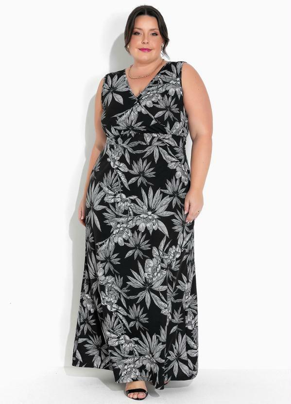 Vestido Floral Preto Longo Plus Size