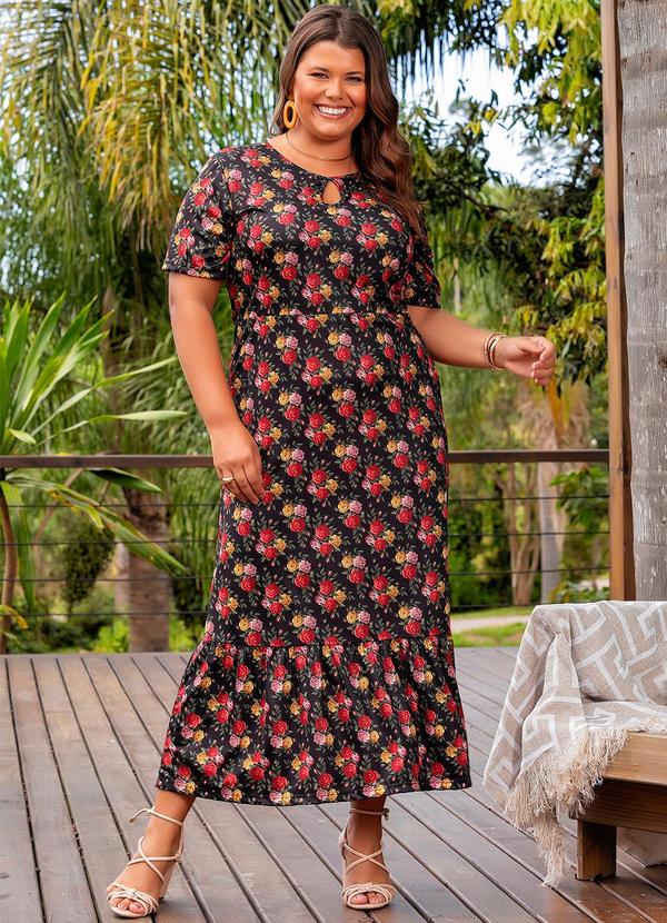 Vista 2 Vestido Floral Rosas Preto em Jersey Acetinado Marguerite Marguerite