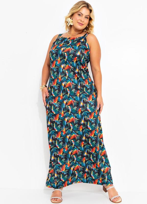 Vestido Folhagem Araras em Jersey Acetinado