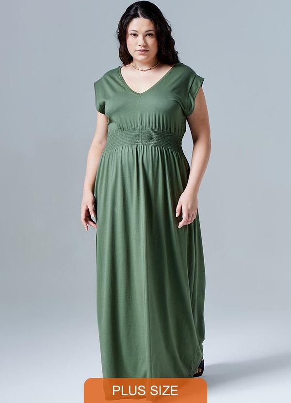 Vestido Gola V Longo Plus Verde Figo