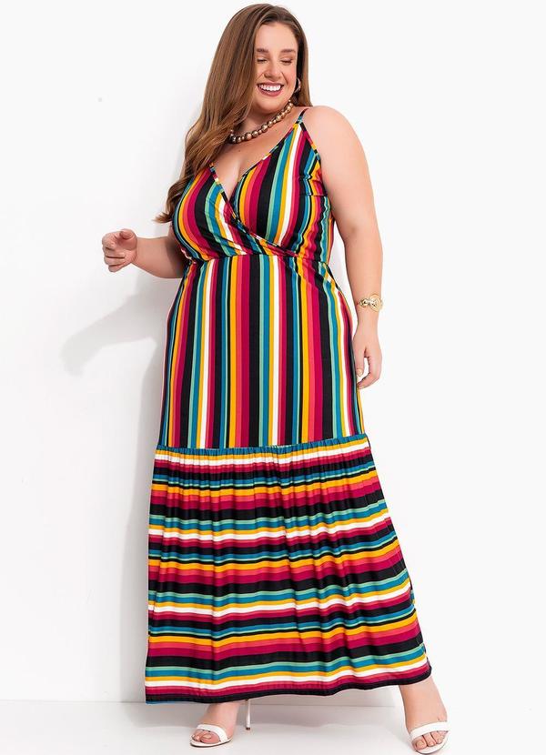 Vestido Listrado Colorido em Malha Fria