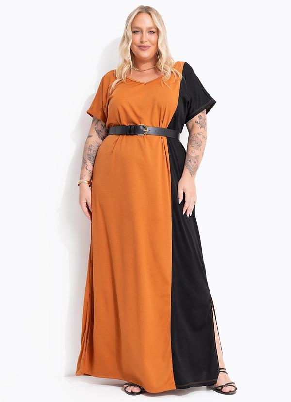Vestido Preto e Caramelo em Malha de Poliéster