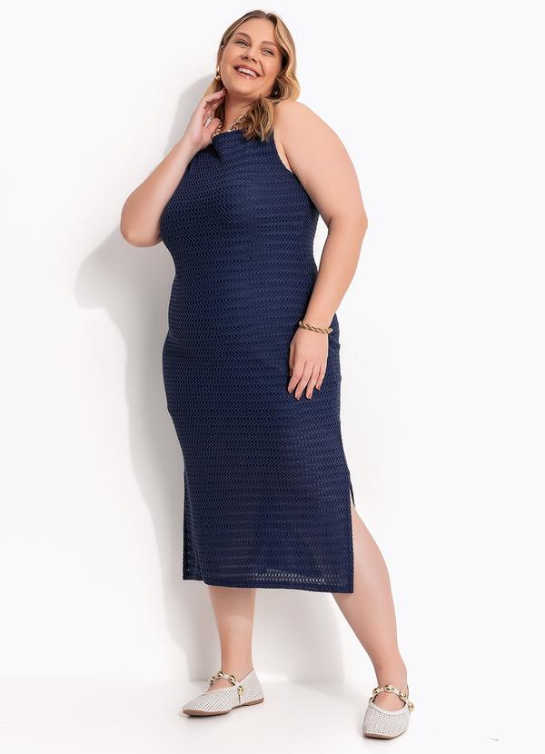 Vestido Azul Escuro em Malha Texturizada