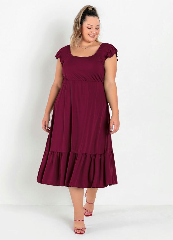 Vestido com Babado nas Mangas Bordô Plus Size