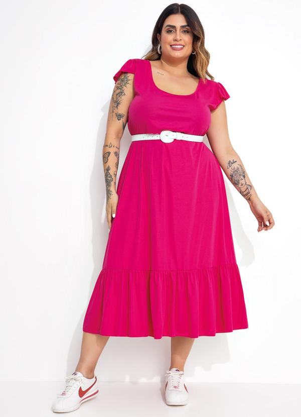 Vestido com Babados Midi Pink Plus Size