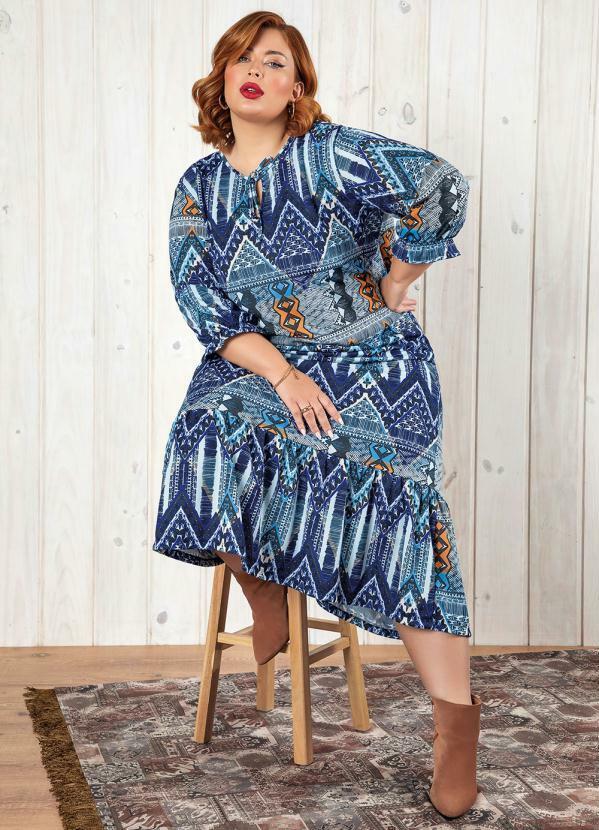 Vestido Étnico Azul com Gota no Decote Plus Size