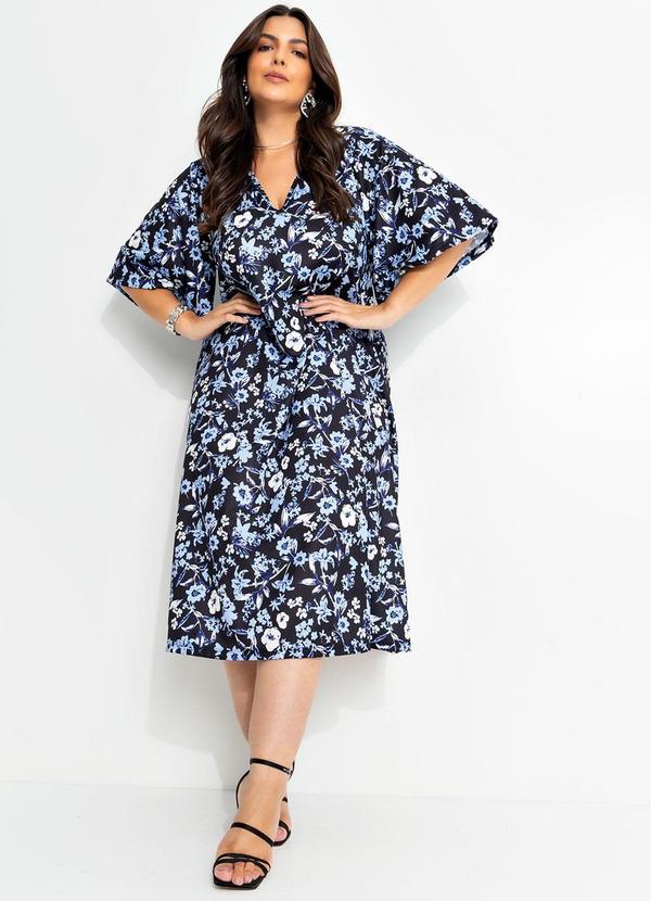 Vestido Floral Dark Azul em Jersey Acetinado