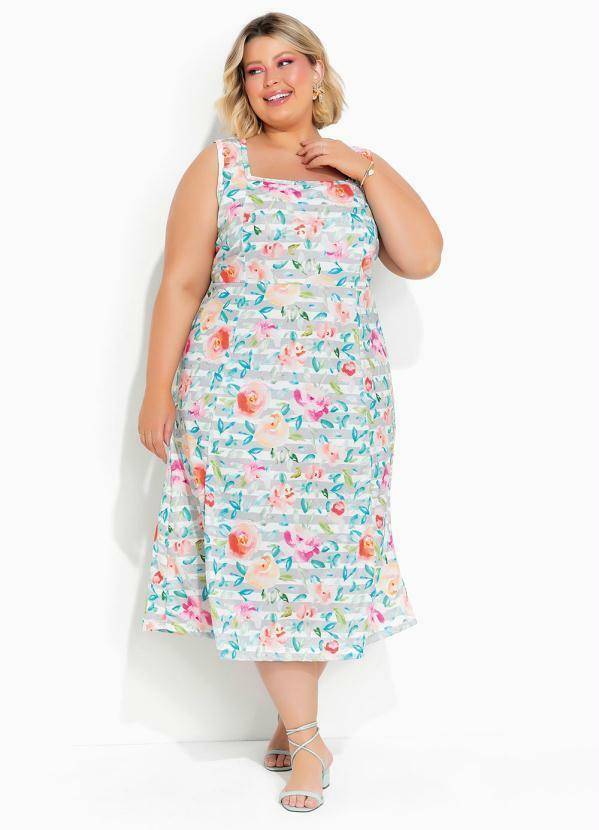 Vestido Floral e Listras de Saia Ampla Plus Size