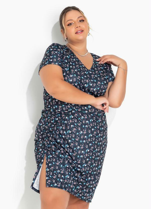 Vestido Floral Marinho com Franzido Plus Size