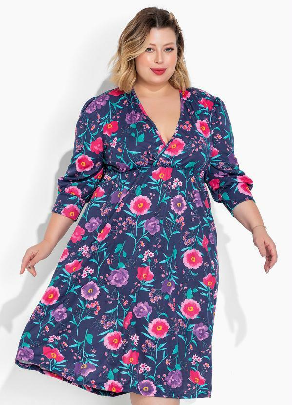 Vestido Floral Marinho Manga Bufante Plus Size
