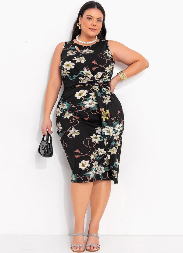 Vestido Floral Preto em Malha de Viscose