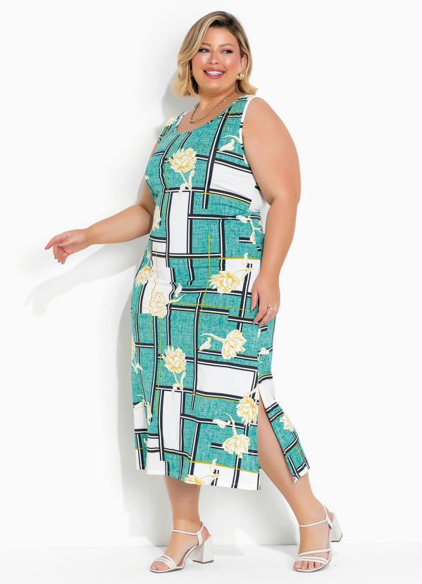 Vestido Floral Verde com Fendas Plus Size