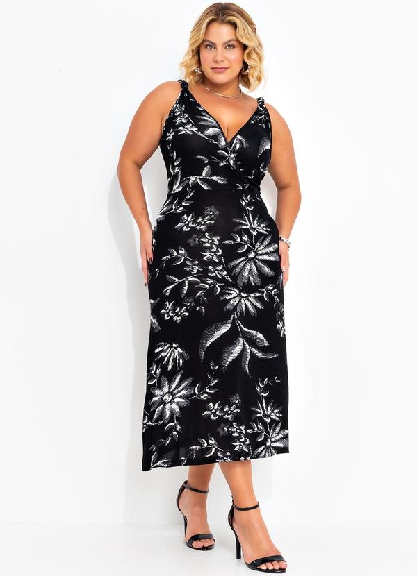 Vestido Folhagem Preto em Malha Tricô