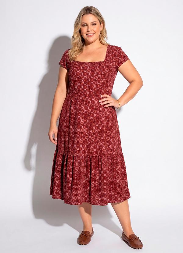 Vestido Geométrico Vermelho em Malha de Poliéster