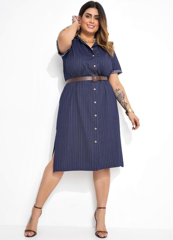 Vestido Listrado Azul Marinho em Malha Denim