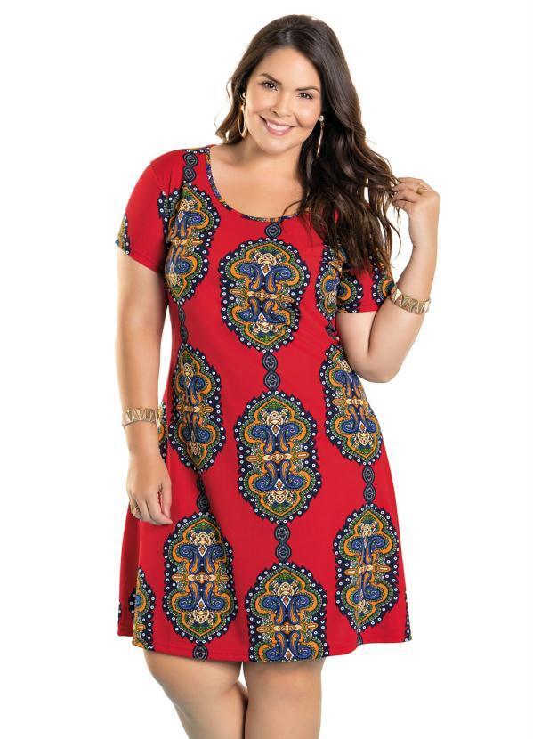 Vestido Manga Curta Vermelho com Estampa