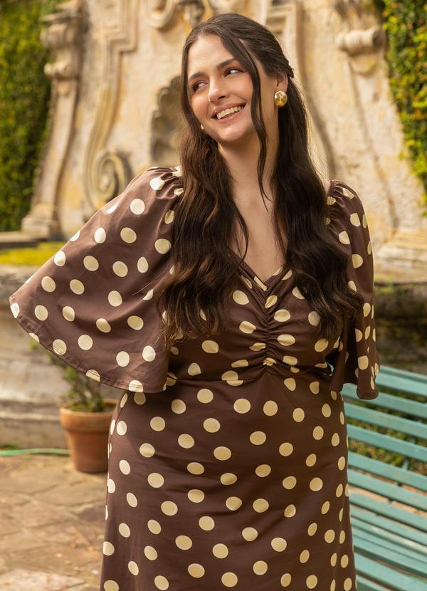 Vestido Marrom com Poá Amarelo em Malha Suplex