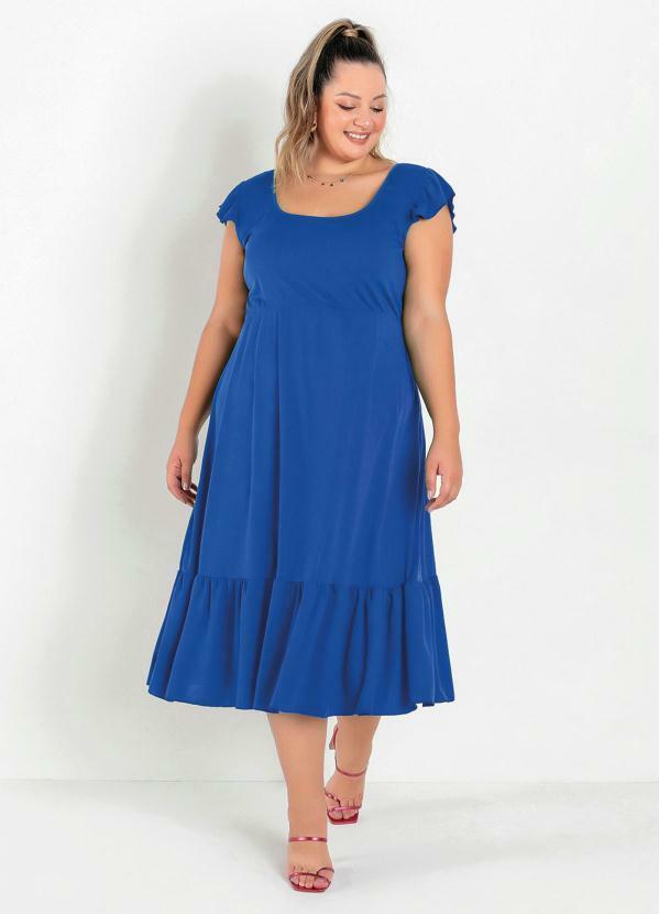 Vestido Midi Azul com Franzidos Plus Size