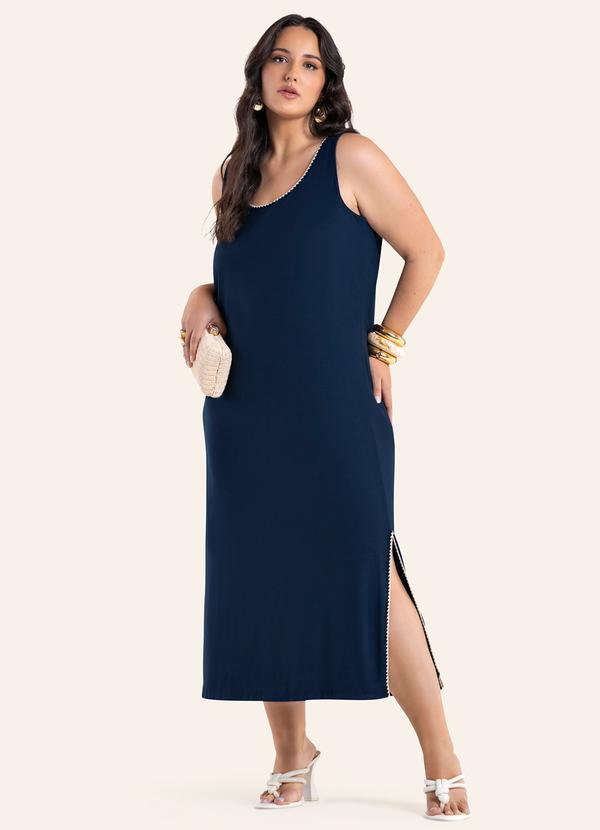 Vestido Midi com Detalhe Ponto Concha Azul