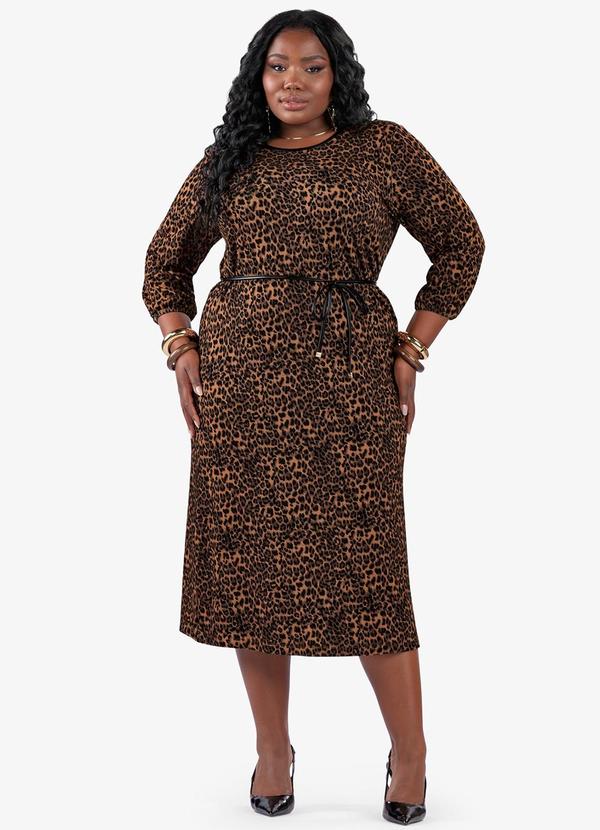 Vestido Midi Estampa Oncinha Plus Size Marrom
