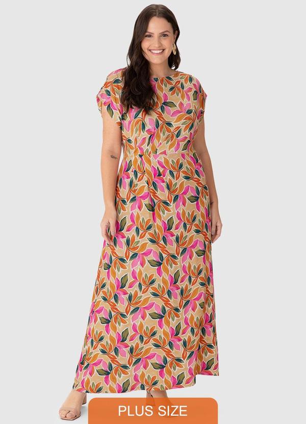 Vestido Mídi Evasê Folhagens Plus Rosa