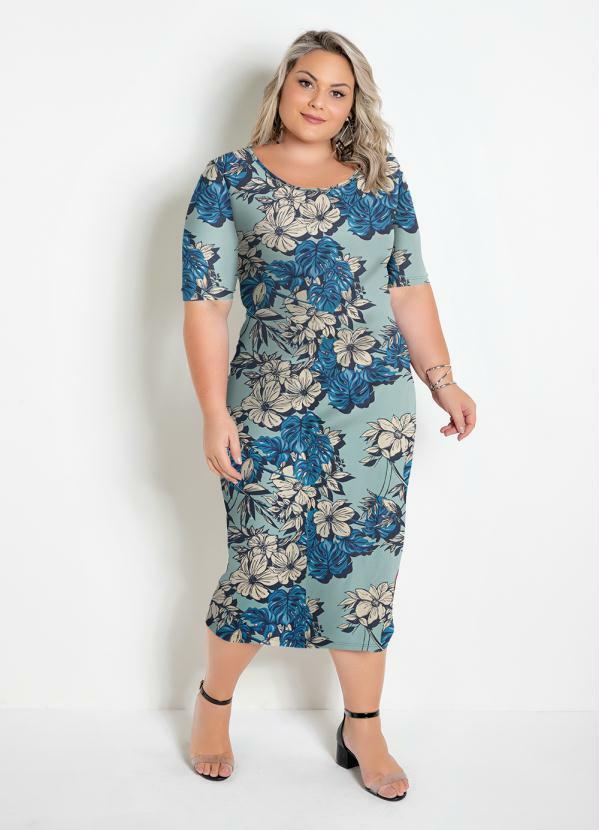 Vestido Midi Floral Azul Plus Size
